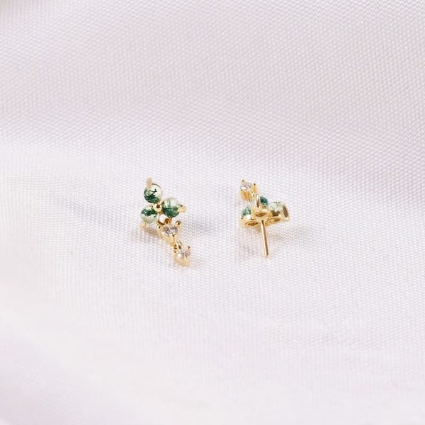 14K Solid Gold Tiny Three Moss Agate Spheres With Moissanite Stud Earring Single Chain With Moissanite Stud Earring Flat back Earring.