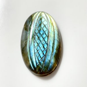 Multi Fire Labradorite Carved Oval Most Beautiful Carving best Quality, 35.8x21.2mm, Approx 37.95 carat