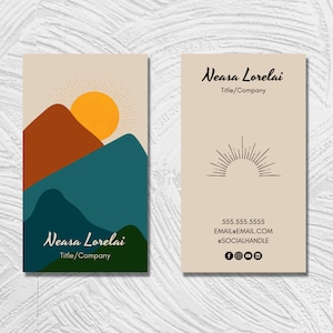 Boho Business Card Template: Mountain Sunrise Design (Canva, Instant Download)