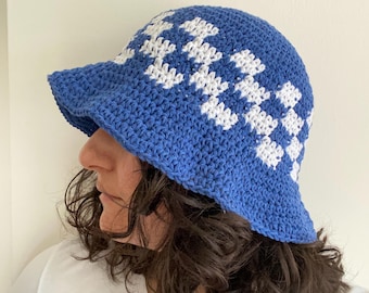 Checkered Cotton Bucket Hat - Handmade Colorful Crochet Sun Accessory