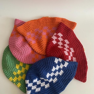 Handmade Crochet Bucket Hat: Colorful Checkered Cotton Knit