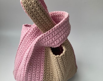 Handmade Crochet Japanese Knot Bag: Recycled Cotton Wrist Bag