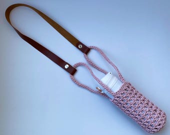 Handmade Crochet Water Bottle Holder – Leather Strap Boho Carrier