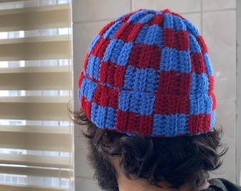 Handmade Crochet Checkered Beanie: Vegan Acrylic Winter Hat for Men