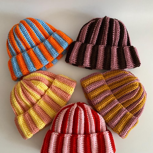 Handmade Ribbed Crochet Beanie: Two-tone Striped Hat - Etsy
