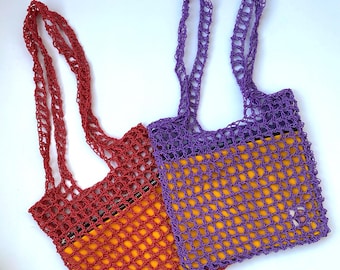 Crochet Net Bag with Canvas Clutch – Shiny Polyester Cord Woven Tote