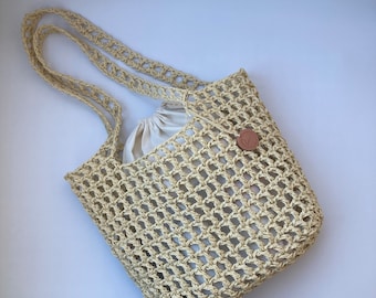 Crochet Raffia Beach Bag - Sustainable Woven Shoulder Bag in Straw