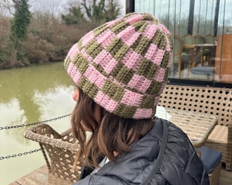 Checkered Crochet Beanie: Handmade Acrylic Winter Hat