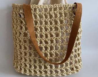 Handmade Crochet Raffia Tote Bag with Leather Strap