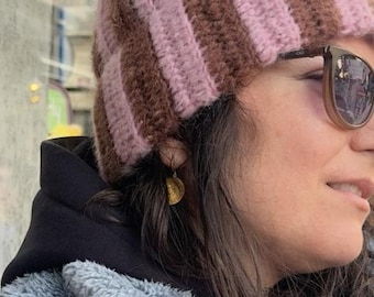 Striped Mohair Beanie – Handmade Crochet Fuzzy Ribbed Hat – Pink Brown Winter Warmth