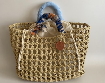 Handmade Crochet Raffia Tote: Woven Beach Bag with Colorful Scarf