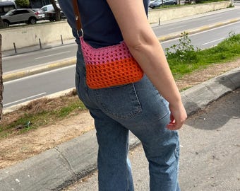 Crochet Mini Shoulder Bag with Leather Strap - Handmade Cotton Woven Purse - Small Boho Handbag