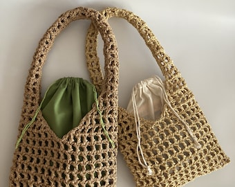 Handmade Crochet Tote Bag: Raffia Yarn Shoulder Bag