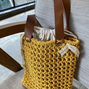 Handmade Crochet Tote Bag: Eco Cotton Yarn with Leather Strap