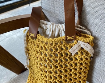 Handmade Crochet Tote Bag: Eco Cotton Yarn with Leather Strap