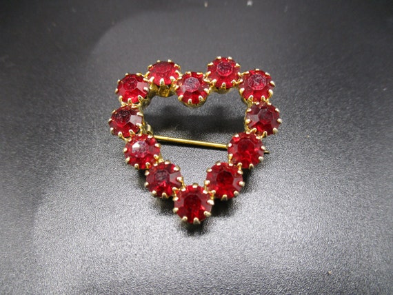 Heart Brooch Bejeweled with Dark Red Stones - image 1