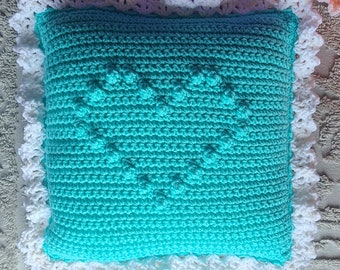 Crocheted pillow decorative throw pillow turquoise heart