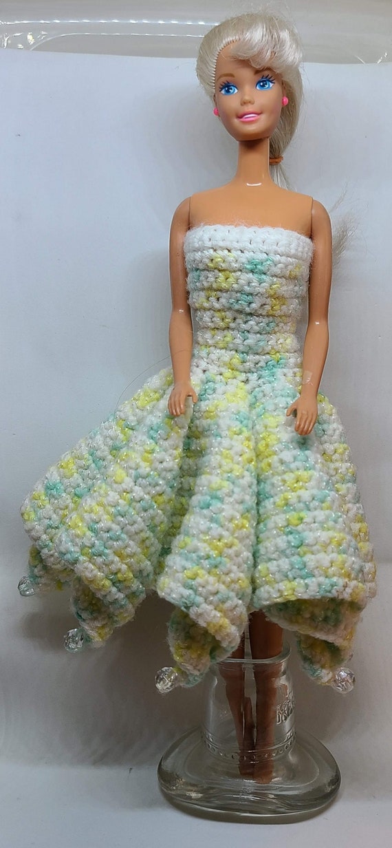 Handmade Crochet Fashion Doll Dress  Green/yellow Multi With Bead Accents,  Fits 11 Dolls - Etsy