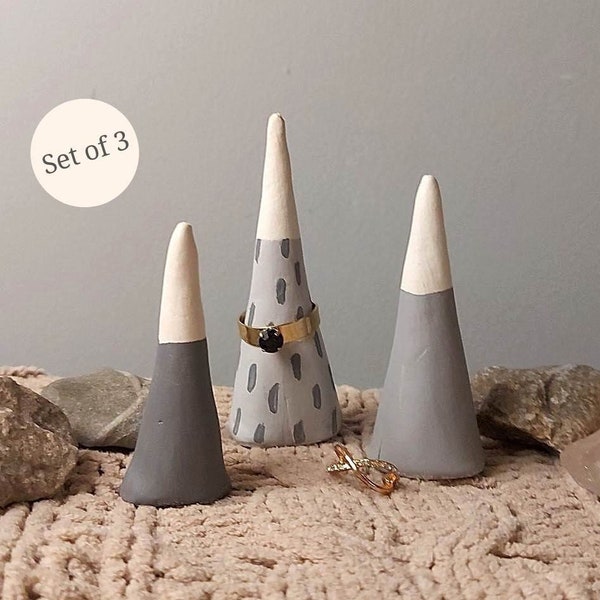 Set of 3 Grey Minimal Mountain Scandi Style Clay Ring Holder - Jewellery Storage Stand Ring Stand Home Decor Gift