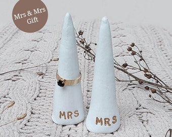 LGBTQ+ Pair of Wedding Couple 'Mrs & Mrs' Organic look Cone Ring Holder Jewellery holder Wedding Gift Her and Hers Gold Lettering