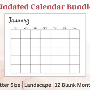 Undated 12 Month Calendar Bundle, Letter size, Instant Download, Minimalist Design