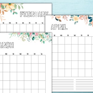 Undatierter Jahreskalender Bundle, Floraler Kalender, Kalender mit Notizen, vertikaler US Letter Format, druckbarer Kalender, 2023 Kalender