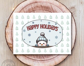 Happy Holidays, Peaking Snowman, Merry Christmas, Family Holiday Card, Digital Christmas 5x7 Folded
