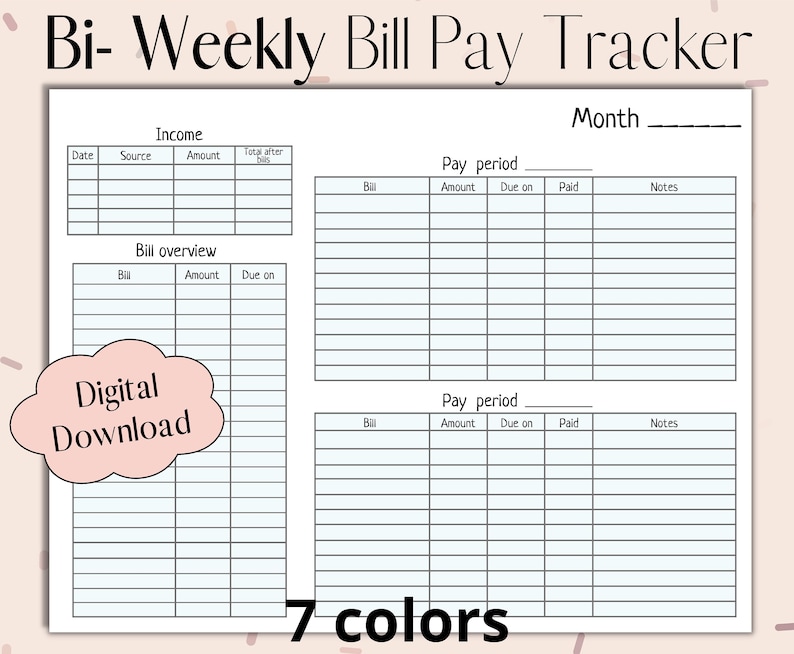 Bi-weekly Bill Pay Budget Tracker 7 Colored Templates - Etsy