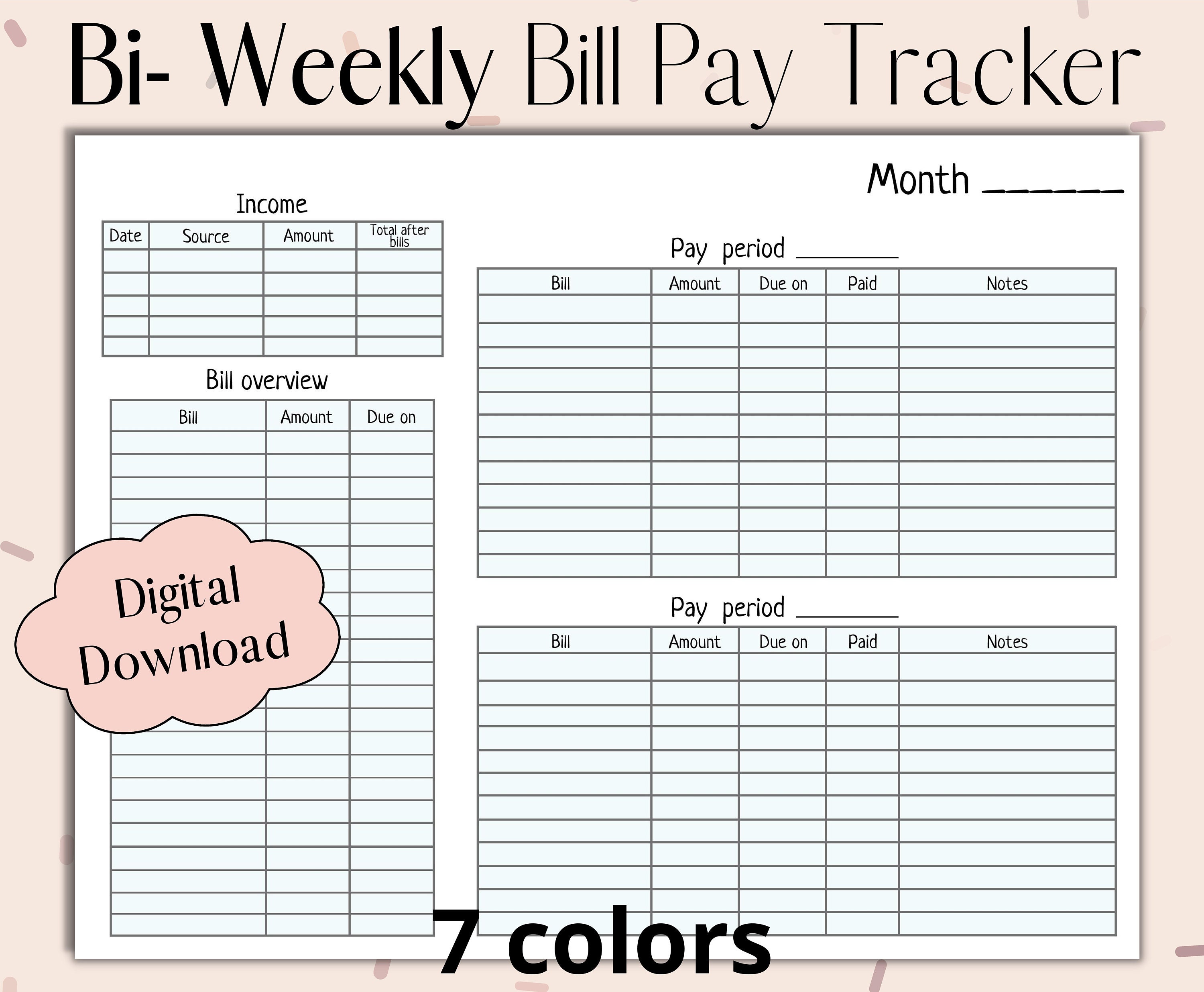 Bi weekly Bill Pay Budget Tracker 7 Colored Templates Digital 8 5x11 Etsy