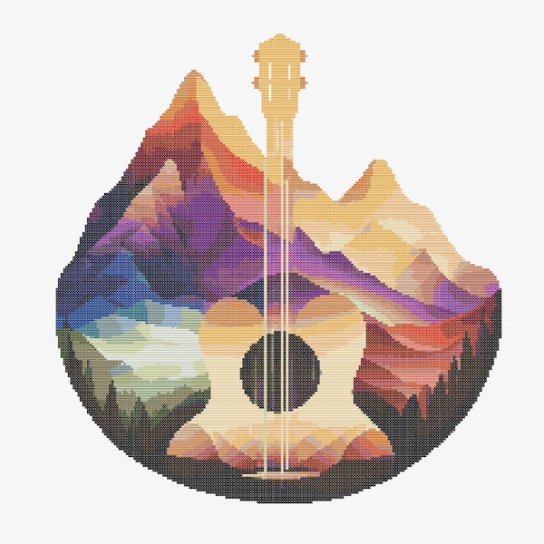 Music themed  original artwork cross stitch chart, Cross Stitch artwork of a guitar and mountains