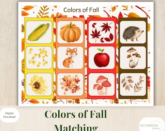 May include: A printable educational game for kids featuring a matching activity with fall-themed images. The game includes images of a pumpkin, corn, leaves, a fox, an apple, mushrooms, a sunflower, and a hedgehog. The title of the game is "Colors of Fall Matching".