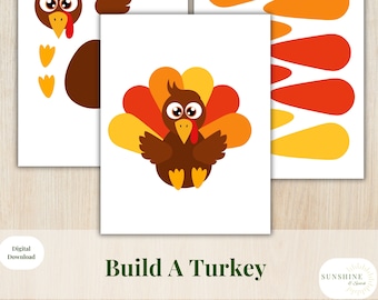 Puede incluir: Actividad de manualidades de Acción de Gracias imprimible para niños. Construye un pavo con un cuerpo de pavo marrón, plumas naranja, amarillo y rojo y una barba roja. La impresión incluye un pavo completo y piezas separadas para cortar y ensamblar.