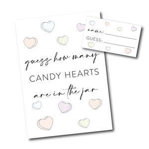 Jeu et carte devinez combien de coeurs de bonbons | Fête prénatale ou jeu de la Saint-Valentin en classe | Shower de bébé minimaliste | Modèle personnalisable