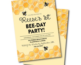 First BEE-DAY Birthday Invitation | Personalized Download Bumblebee / Bee Day Invite | Birthday Party Invite | Kids Birthday | First Bday