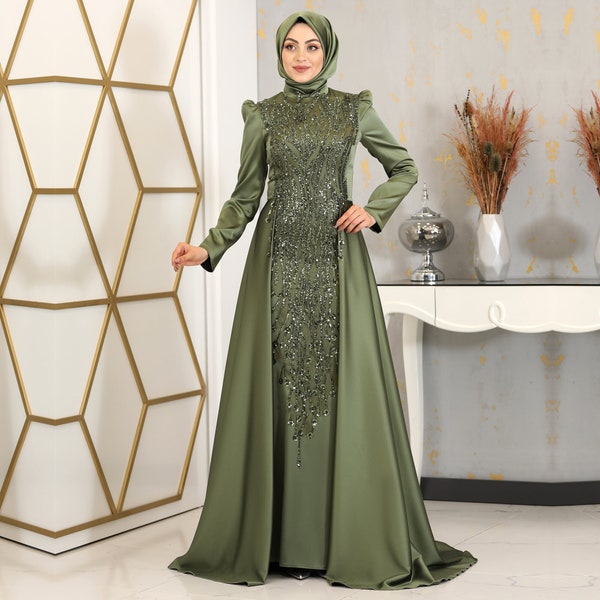 Embroidered on Front Turkish Design Evening Dress, Exclusive Satin Evening Dress, Muslim Engagement, Hijab Satin Evening Dress,Best Clothing