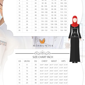 May include: Size chart for clothing, displaying measurements in inches and centimeters. Includes US, UK/AU, and EU sizes, with corresponding chest, waist, and hip measurements. A diagram illustrates how to measure the body.