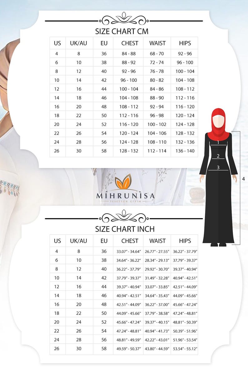 May include: Size chart for clothing, displaying measurements in inches and centimeters. Includes US, UK/AU, and EU sizes, with corresponding chest, waist, and hip measurements. A diagram illustrates how to measure the body.