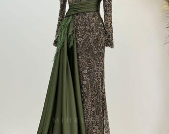 Embellished Lace Long Sleeve Formal Gown with Draped Waist Detail - Modest Evening Dress