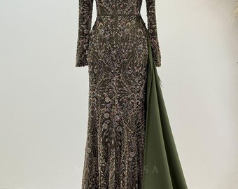 postpartum evening dresses Vintage Long Elegant Evening Dress Long Sleeves Split – TANYA BRIDAL main image 1