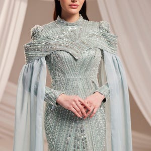 Muslim Evening Dress Luxury Modest Dress Beaded Sequin Dress Chiffon Cape Maxi Dress Elegant Hijab Dress Formal Gown image 11