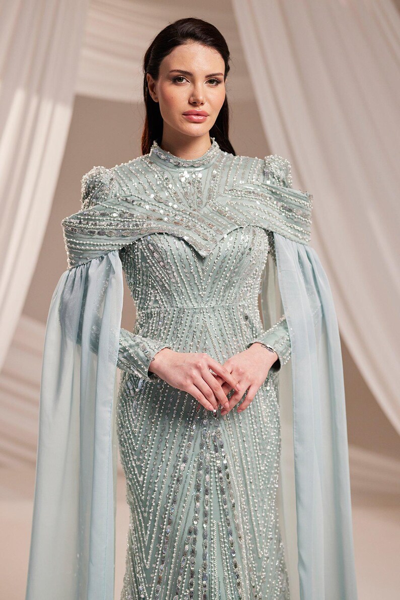 Muslim Evening Dress Luxury Modest Dress Beaded Sequin Dress Chiffon Cape Maxi Dress Elegant Hijab Dress Formal Gown image 11