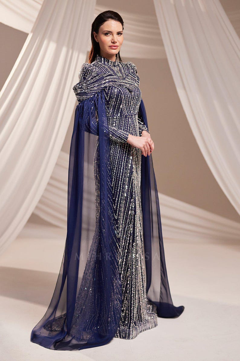 Muslim Evening Dress Luxury Modest Dress Beaded Sequin Dress Chiffon Cape Maxi Dress Elegant Hijab Dress Formal Gown image 9