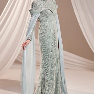 Muslim Evening Dress Luxury Modest Dress Beaded Sequin Dress Chiffon Cape Maxi Dress Elegant Hijab Dress Formal Gown image 6