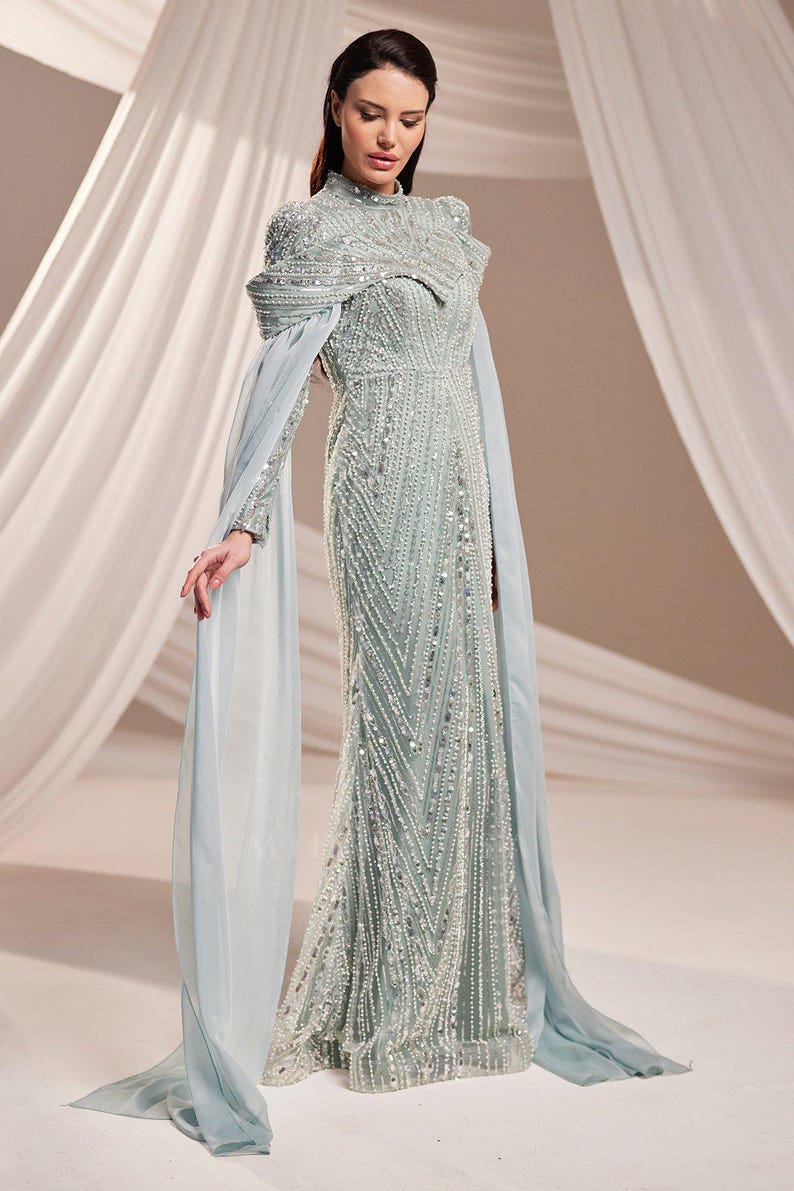 Muslim Evening Dress Luxury Modest Dress Beaded Sequin Dress Chiffon Cape Maxi Dress Elegant Hijab Dress Formal Gown image 6