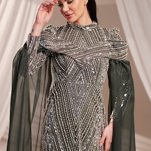 Muslim Evening Dress Luxury Modest Dress Beaded Sequin Dress Chiffon Cape Maxi Dress Elegant Hijab Dress Formal Gown image 13
