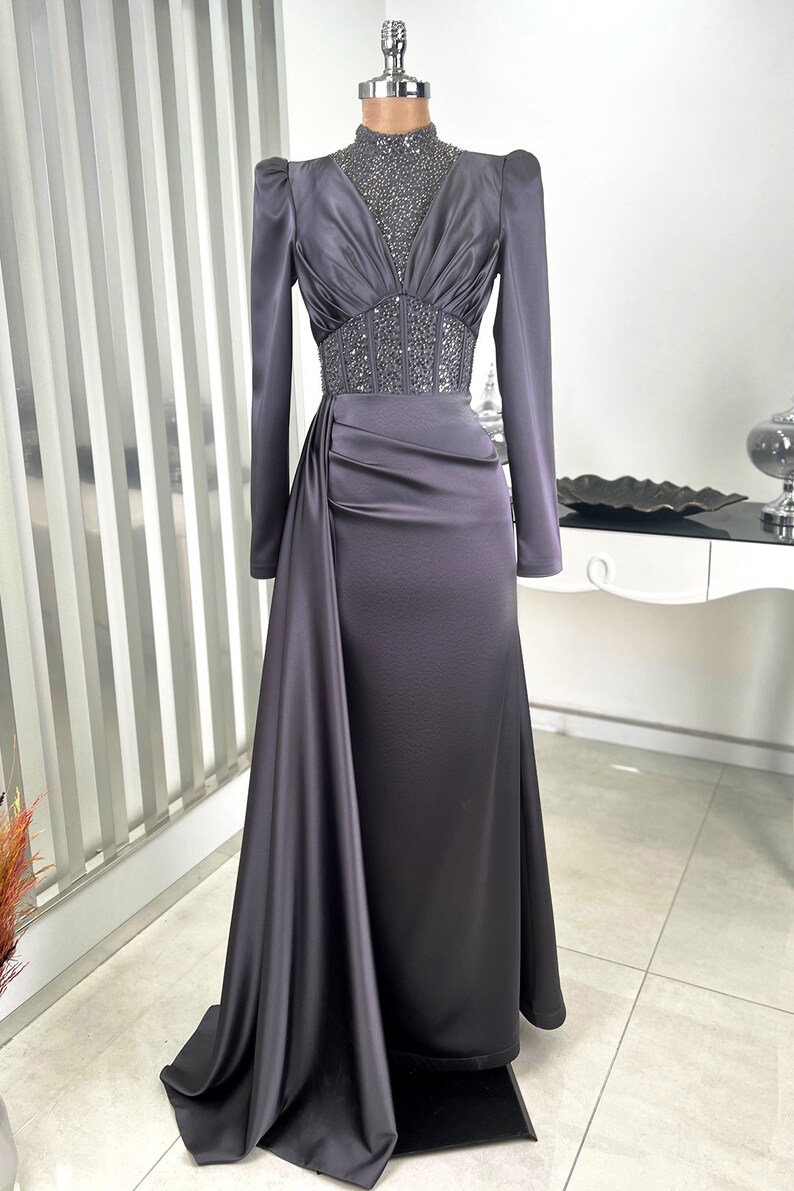 Turkish Design Satin Evening Dress With Bodice at Waist Etsy