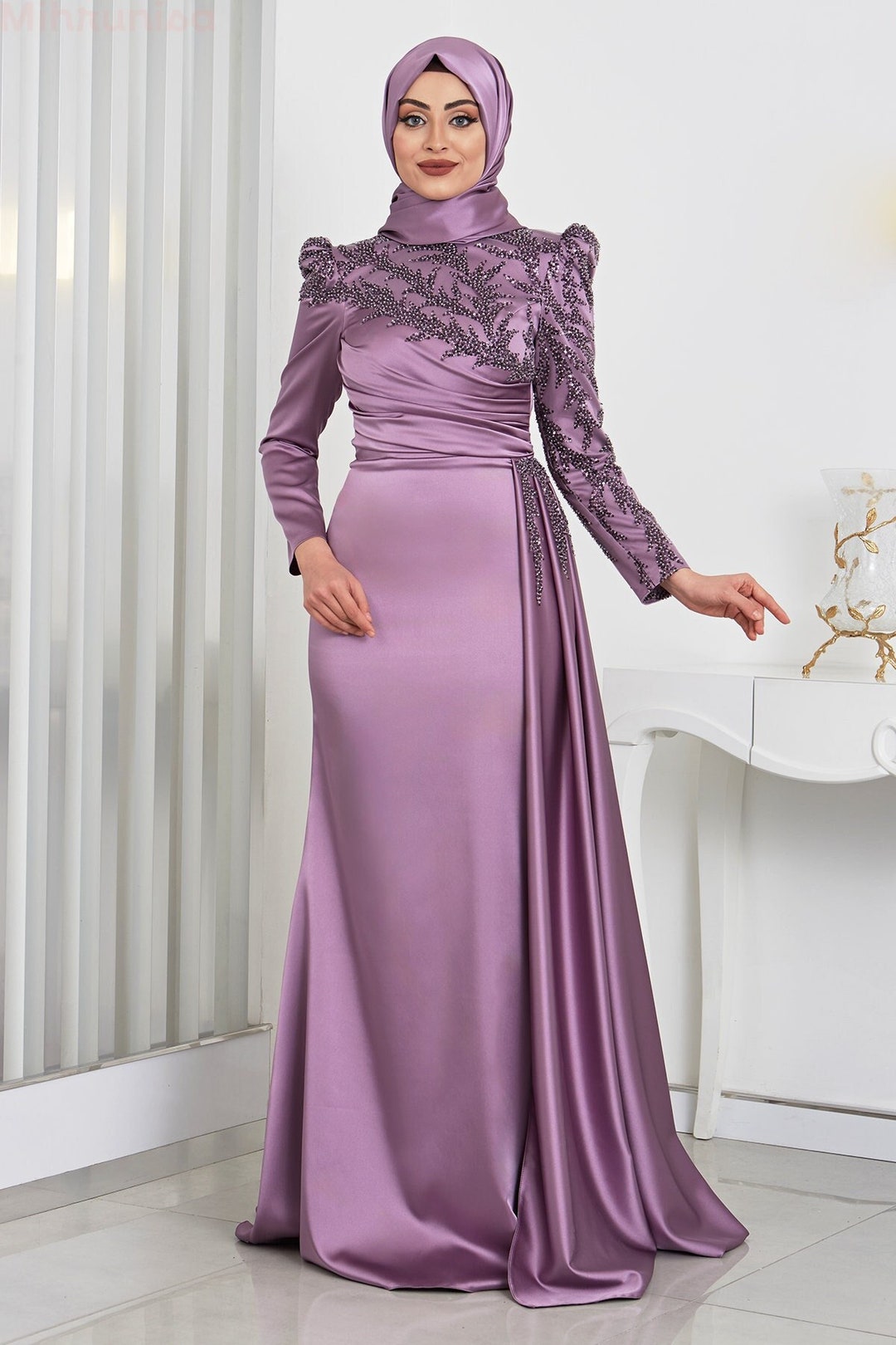 ignite evenings dresses Luxury Blue Muslim Evening Dress with Cape Sleeves SS365 main image 0