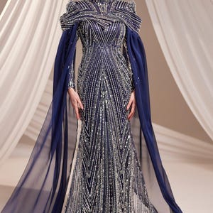 Muslim Evening Dress Luxury Modest Dress Beaded Sequin Dress Chiffon Cape Maxi Dress Elegant Hijab Dress Formal Gown Navy Blue