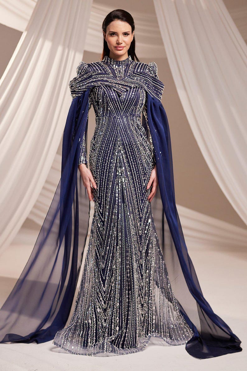 Muslim Evening Dress Luxury Modest Dress Beaded Sequin Dress Chiffon Cape Maxi Dress Elegant Hijab Dress Formal Gown Navy Blue