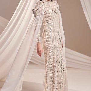 Muslim Evening Dress Luxury Modest Dress Beaded Sequin Dress Chiffon Cape Maxi Dress Elegant Hijab Dress Formal Gown image 18